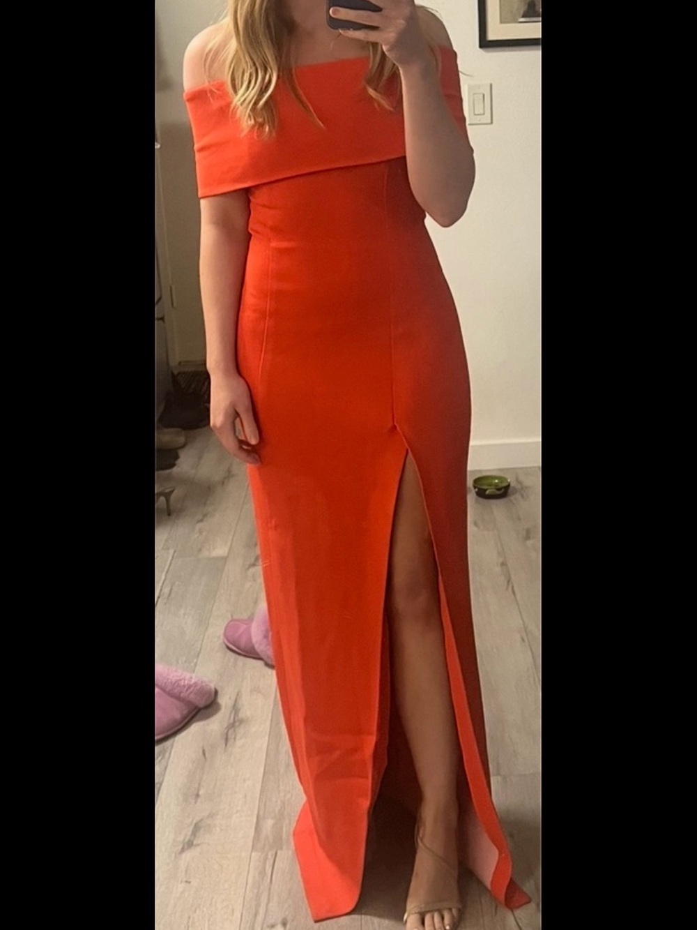 Nicholas Off-Shoulder Orange Gown Maxi Dress with Front Slit